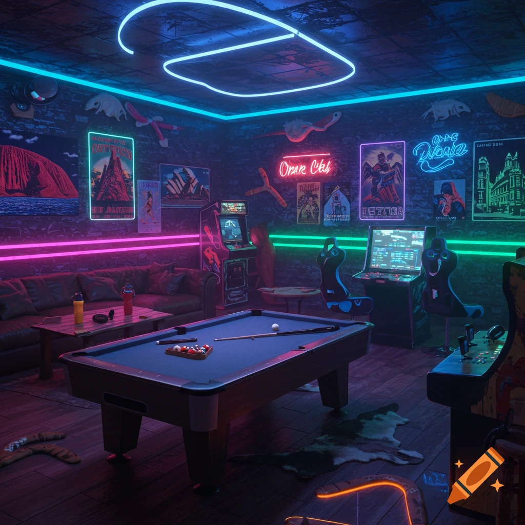 A vibrant, neon-lit game room featuring a pool table, multiple arcade machines, a large sofa, and posters on the walls.