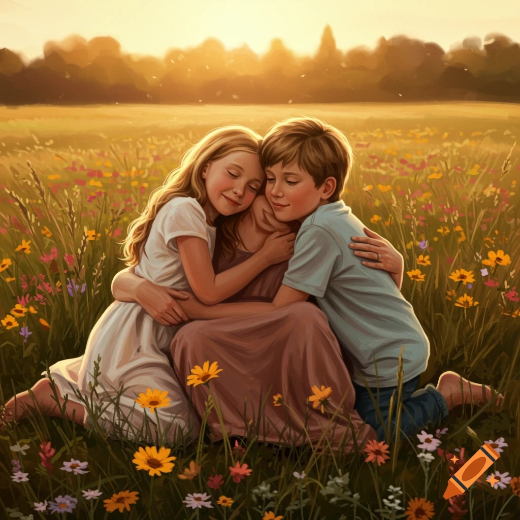 A mother is embraced by her daughter and son in a sunlit field filled with wildflowers, in a painterly style.