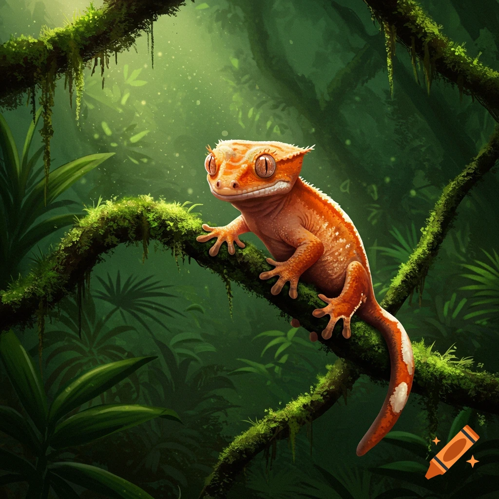 A cute orange crested gecko sits on a mossy branch in a lush, green jungle with sunlight filtering through.