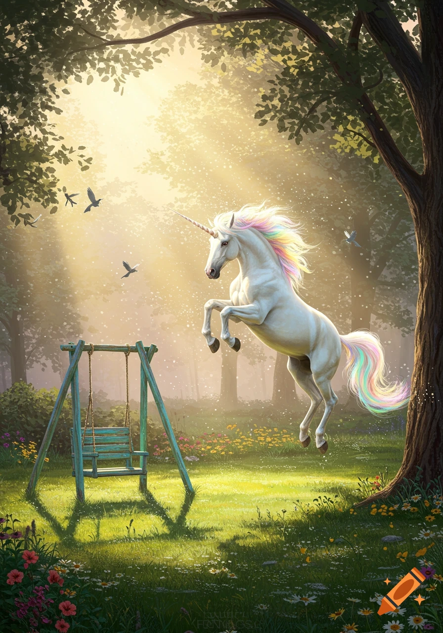 A white unicorn with a rainbow mane and tail rears up in a sunlit forest clearing next to a swing set, surrounded by flowers.