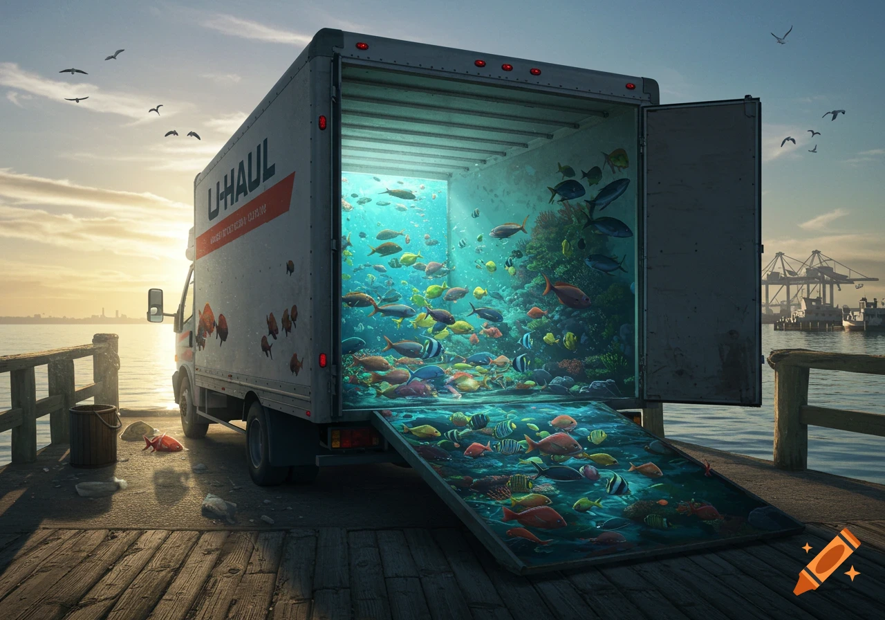 A U-Haul truck on a wooden pier at sunset, its back open to reveal a vibrant aquarium full of colorful fish flowing out onto a ramp.