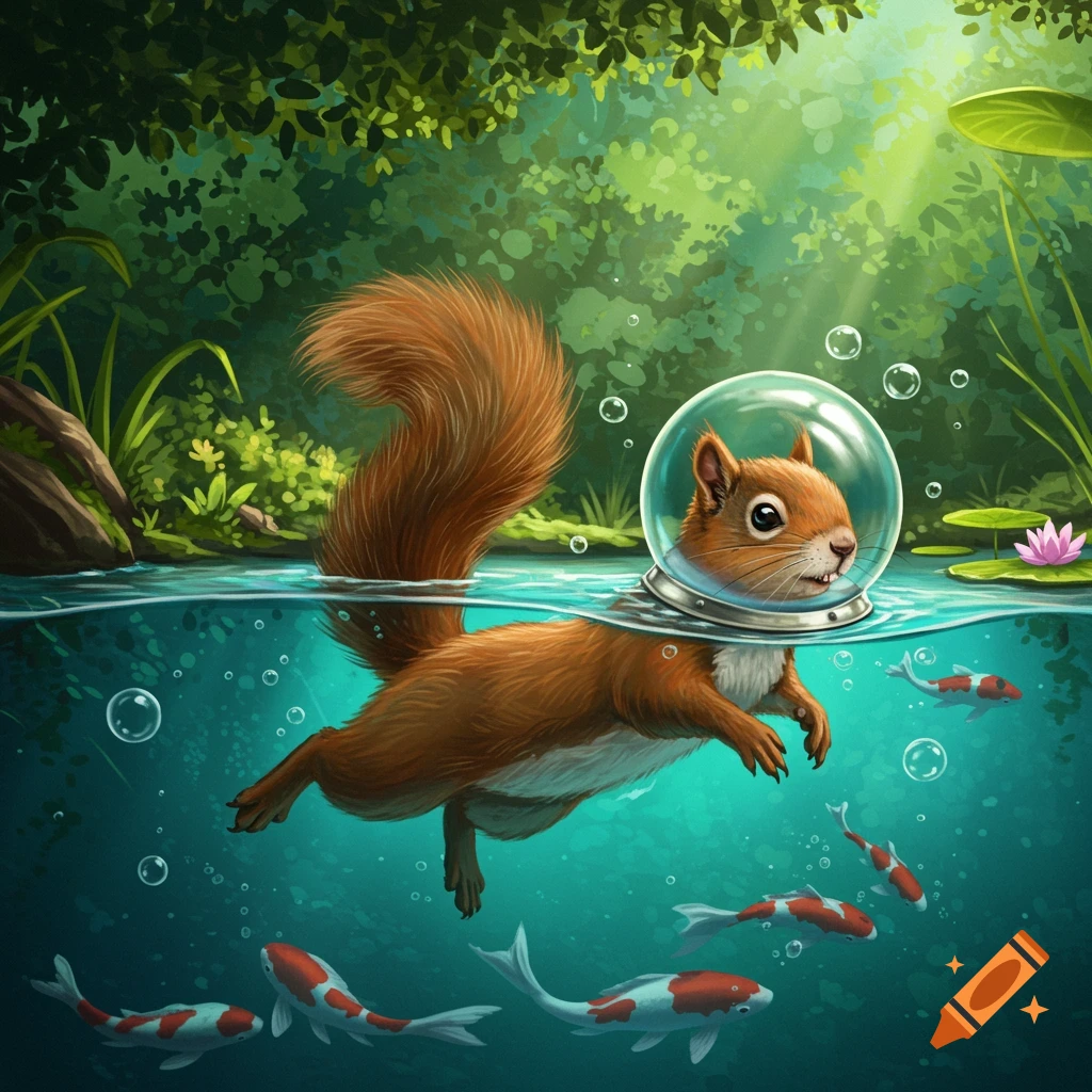 A squirrel with a clear bubble helmet swims underwater amongst koi fish in a lush pond.