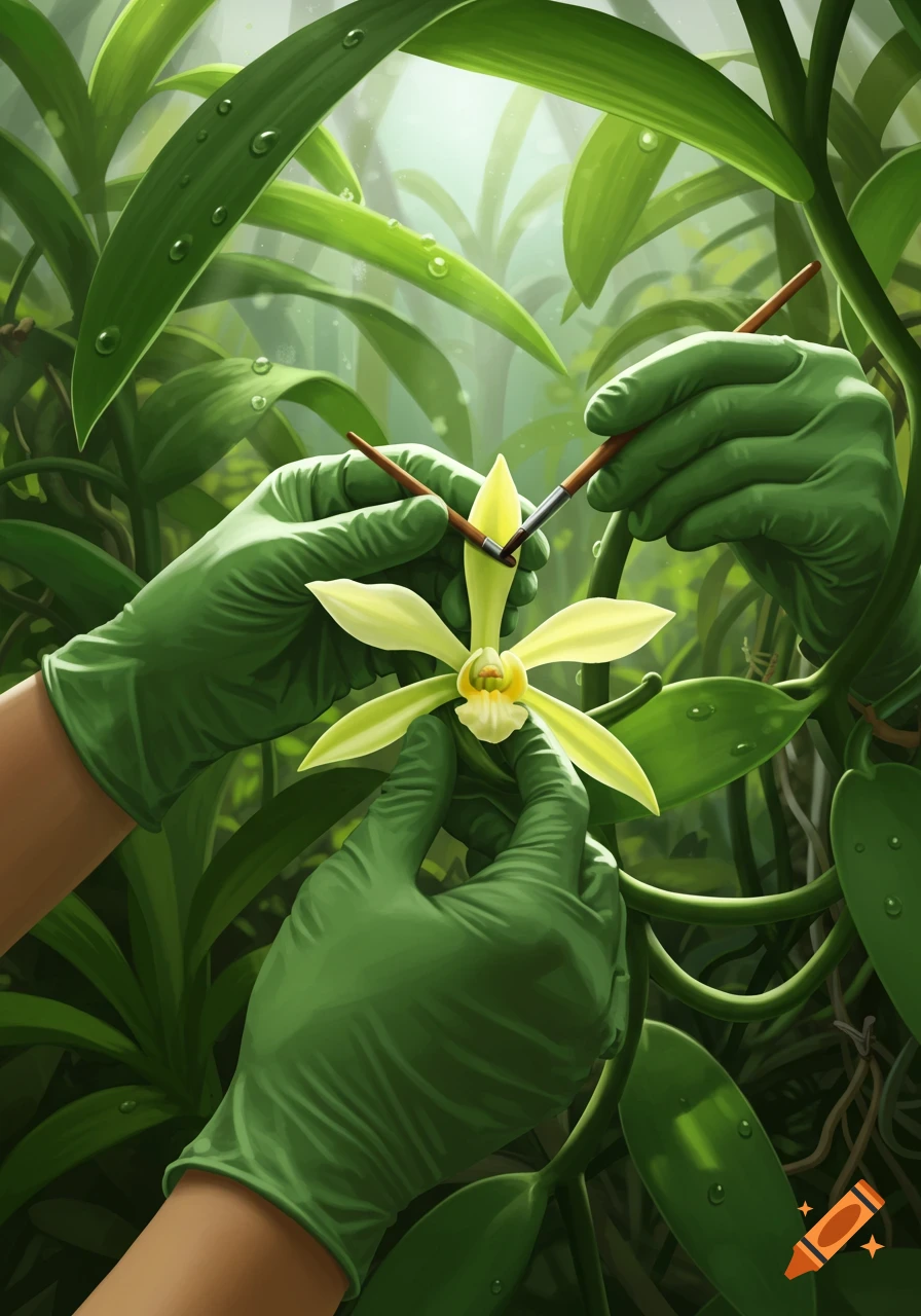 Close-up of gloved hands hand-pollinating a yellow vanilla orchid in a lush green environment, digital art.