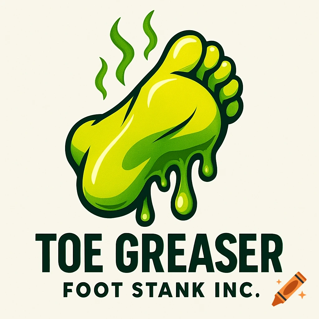 A cartoon logo features a bright green, slimy, dripping foot with wavy lines indicating smell. Below it, text reads 'TOE GREASER' and 'FOOT STANK INC.'