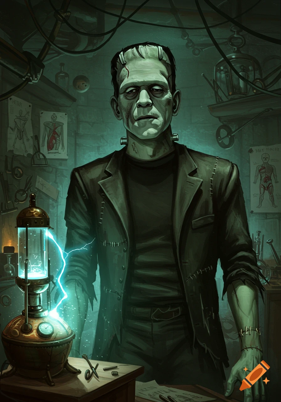Frankenstein's monster in a dark, glowing laboratory with electrical equipment, painted in a dark, classic horror style.