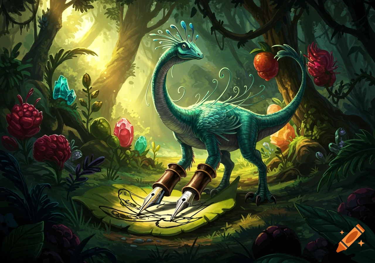A whimsical teal dinosaur with fountain pen nibs for feet stands on a large leaf, drawing in a vibrant, sunlit fantasy forest.