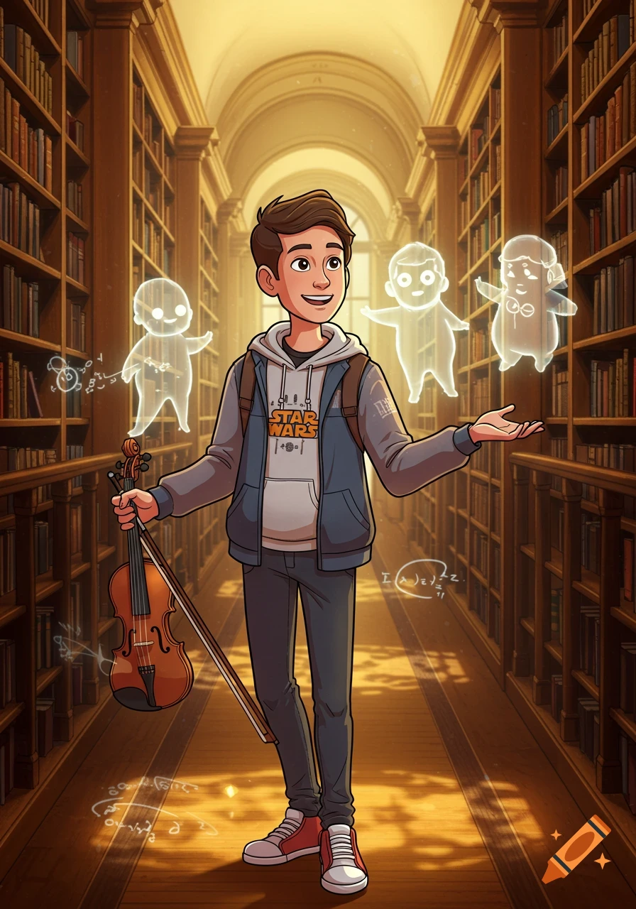 A cartoon illustration of a smiling boy in a hoodie holding a violin in a library, surrounded by glowing ghost-like figures.
