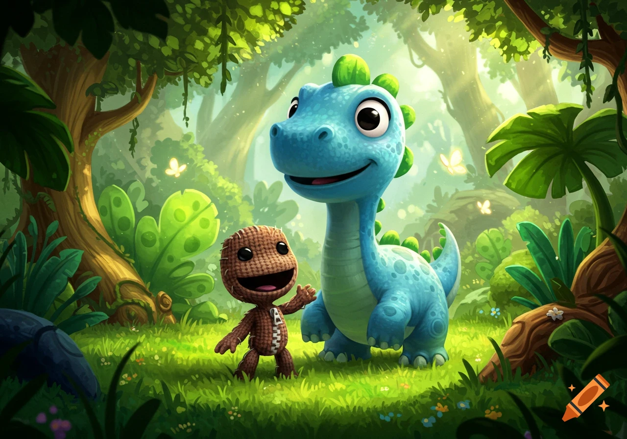 A cute Sackboy and a friendly blue cartoon dinosaur stand together in a vibrant, sunlit jungle with lush green foliage.
