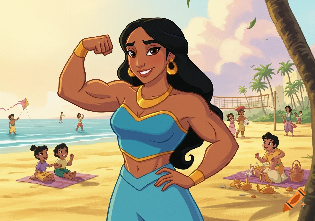 Cartoon illustration of a muscular Aladdin's mom flexing on a sunny beach with children playing in the water and sand.