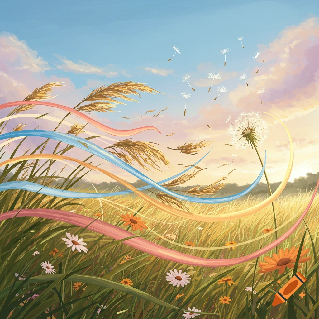 A vibrant illustration of a windy field with tall golden grass, colorful ribbons, blooming daisies, and dandelion seeds blowing under a partly cloudy sky.