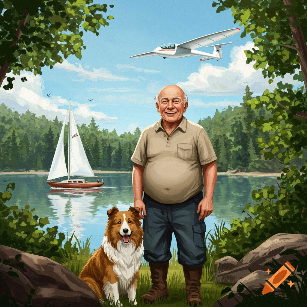 An illustration of a bald man and his dog by a lake, with a sailboat and glider in the background.