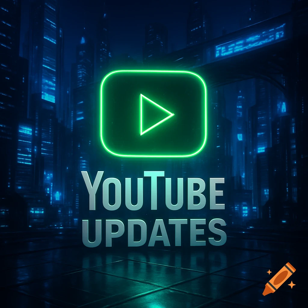 A glowing neon green YouTube play button logo above bold silver text 'YouTube Updates' set against a dark blue futuristic cityscape.