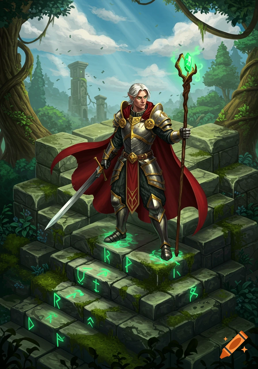 An armored elf-like knight with a red cape holds a sword and glowing staff, standing on mossy steps with green runes in a lush fantasy forest.