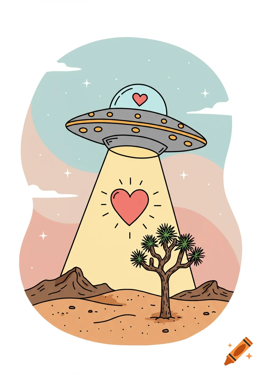 A retro cartoon UFO with a heart in its window beams a heart down into a desert with a Joshua tree. The background features flowy pastel colors.