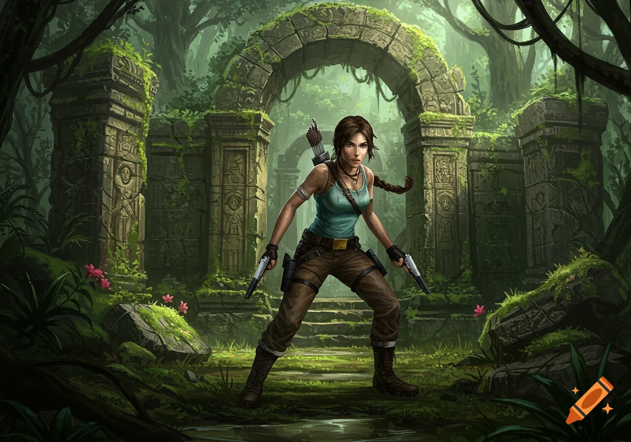 Lara Croft stands armed with dual pistols in a jungle clearing with ancient ruins, ready for adventure. Digital illustration.