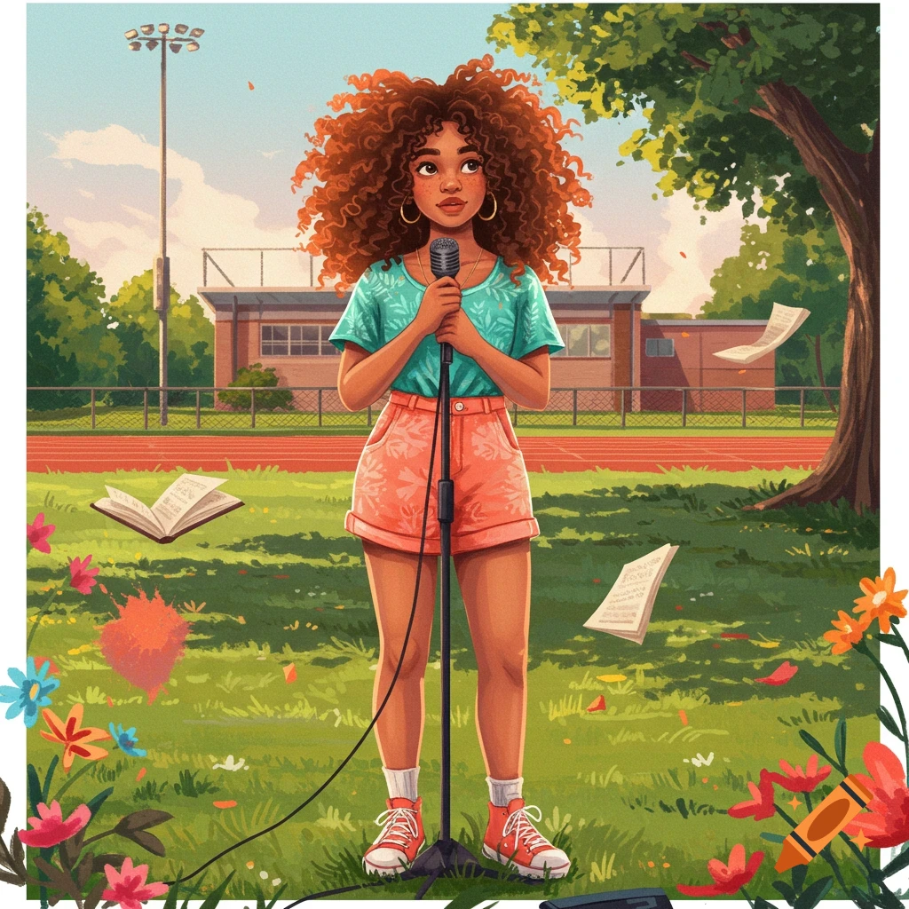 A stylized illustration of a young woman with curly red hair holding a microphone on a grassy track field, with floating papers and flowers.