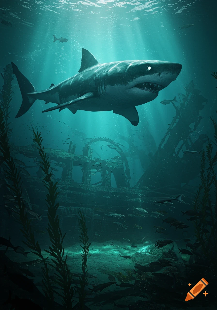 A large great white shark swims in deep blue water above sunken ruins and green kelp.