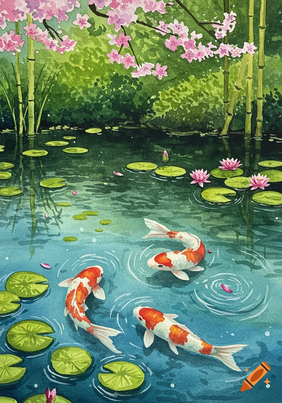 Watercolor painting of orange and white koi fish swimming in a pond with lily pads under pink cherry blossoms and bamboo.