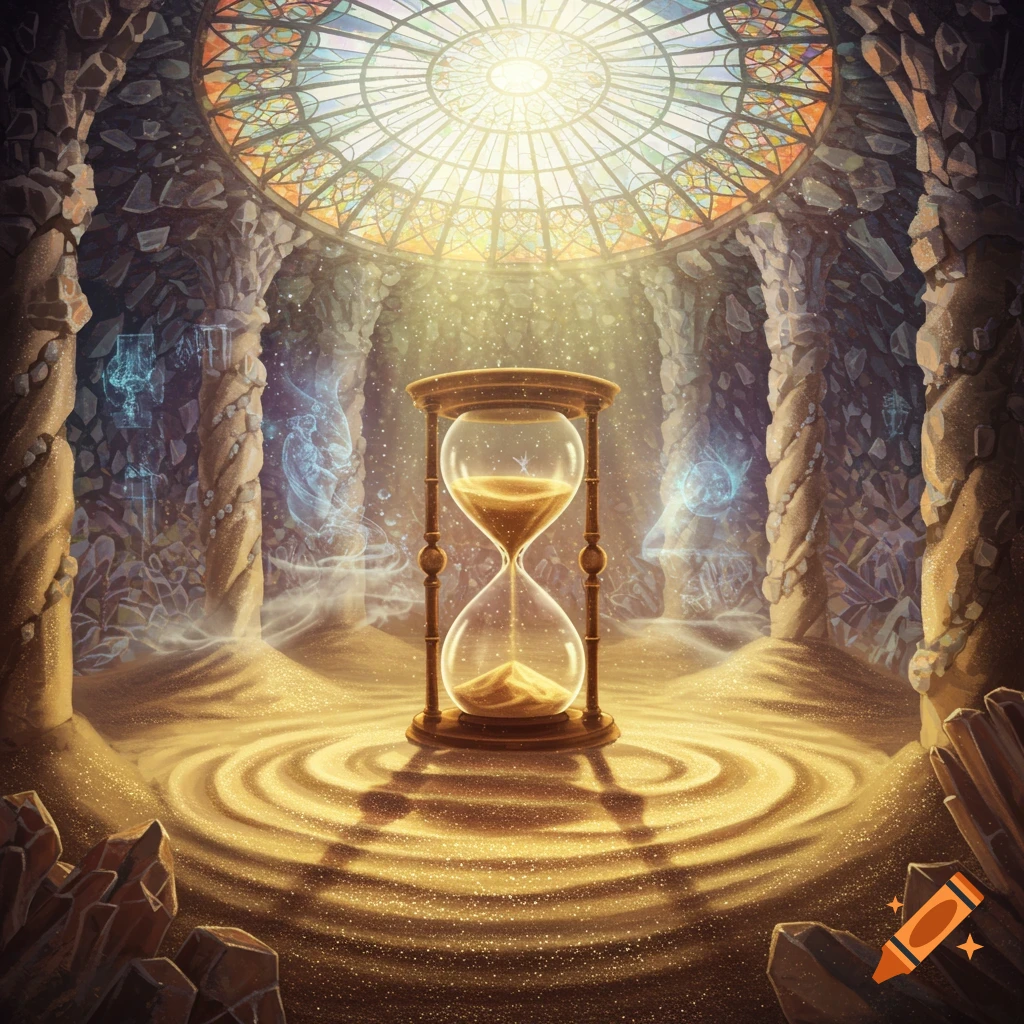 A large hourglass stands in a sand-covered, rocky chamber beneath a glowing, ornate stained-glass dome, illuminated by bright light and sparkling particles.
