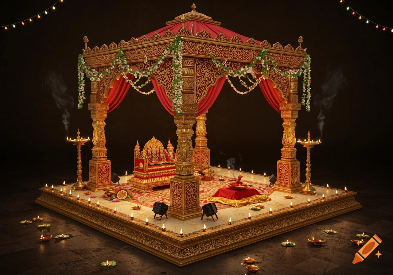 An ornate golden and red Hindu puja mandap, decorated with flowers and surrounded by lit diyas, set against a dark background.