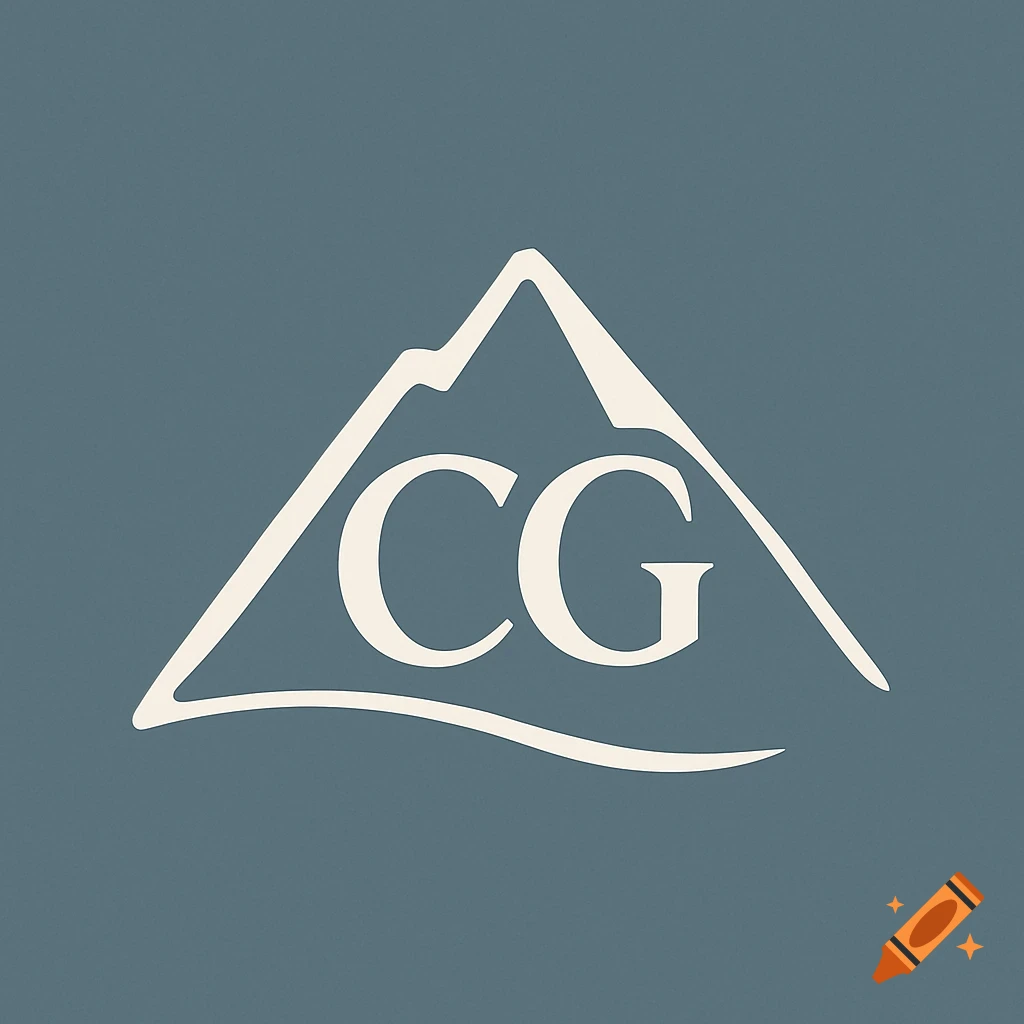 Minimalist white 'CG' logo inside a stylized mountain outline on a slate blue background.