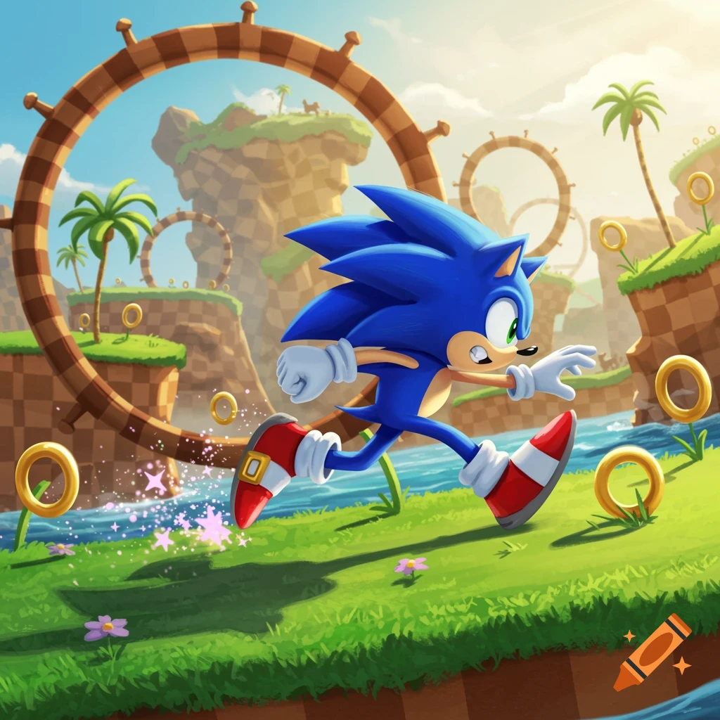 Sonic the Hedgehog runs through a vibrant Green Hill Zone landscape with rings and loops under a sunny sky in a cartoon style.