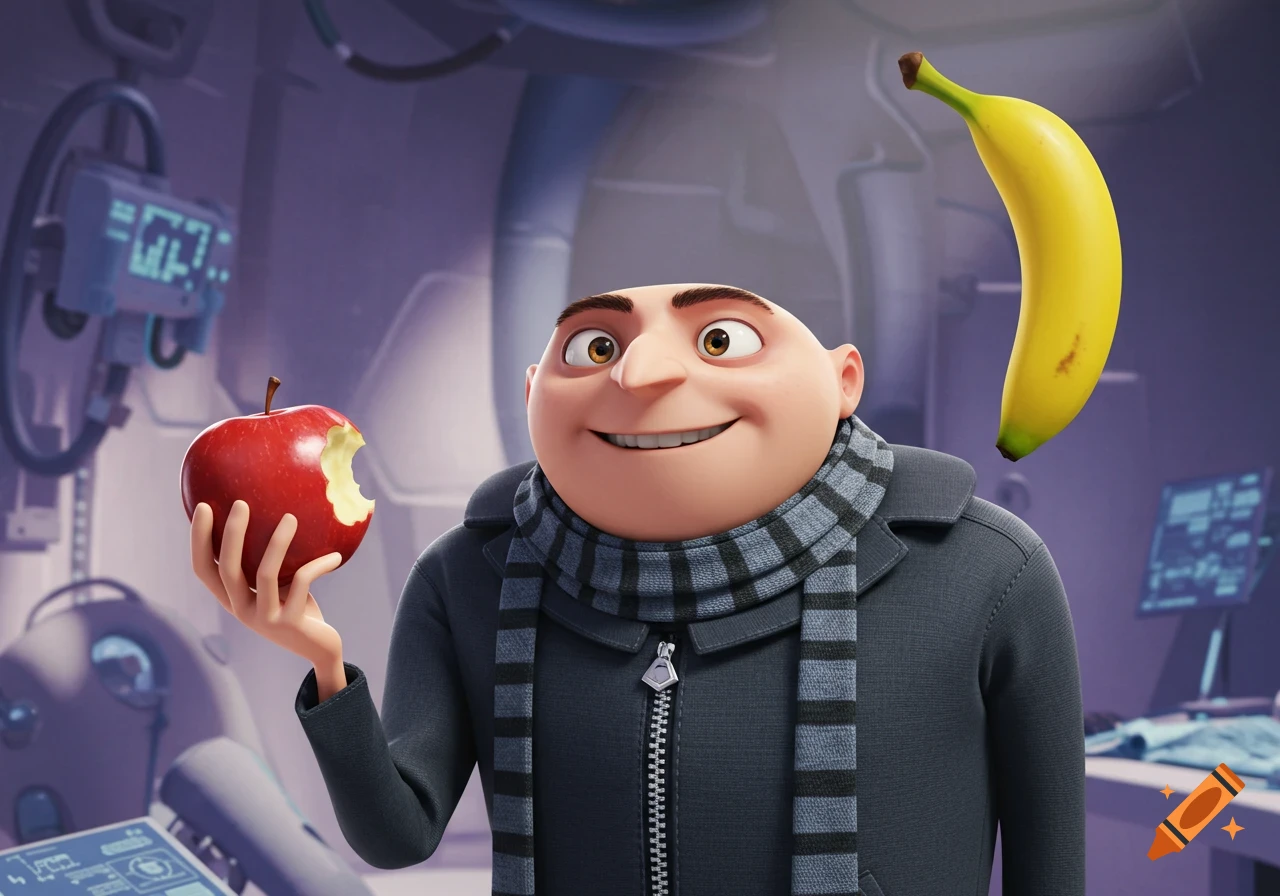 Animated character Gru smiling, holding a bitten red apple in his left hand, with a banana floating next to his head in a lab setting.