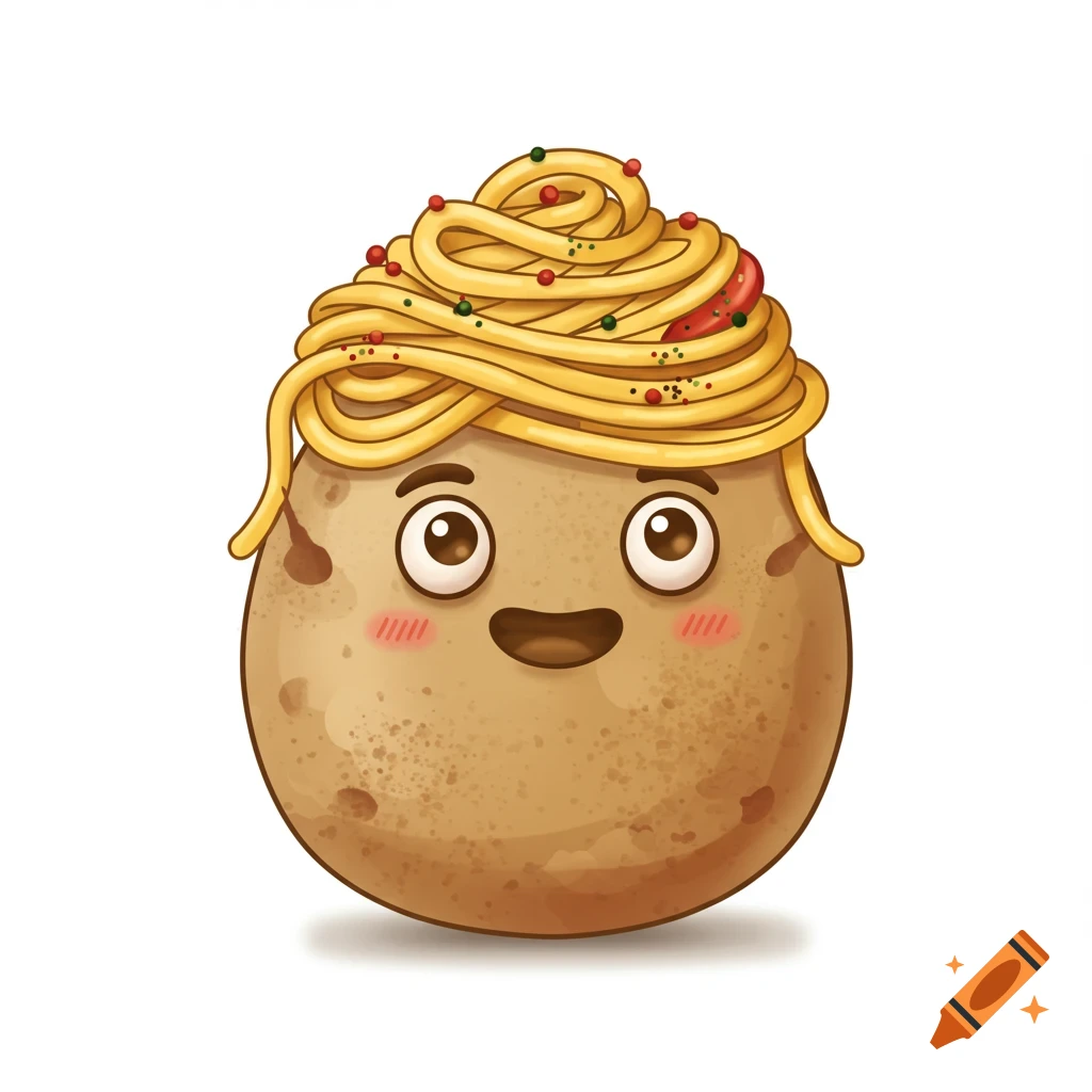 A cute, smiling cartoon potato character with spaghetti as hair, topped with red and green sprinkles, on a white background.
