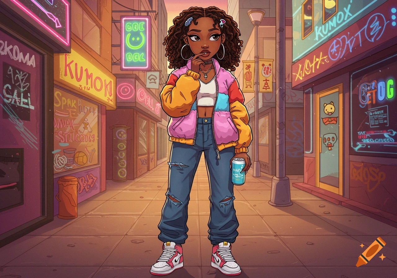 Cartoon African American girl in colorful jacket, ripped jeans, and Jordans holding a soda can on a vibrant urban street.