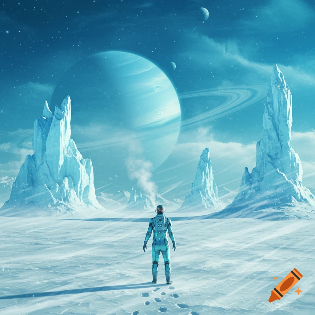 An astronaut stands on a desolate, icy alien planet, looking towards a massive ringed gas giant and two moons in the sky.