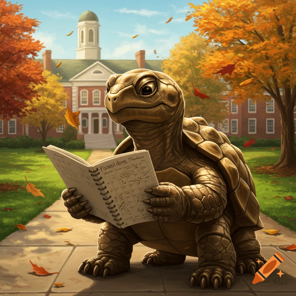 A stylized turtle, resembling a university mascot, sits on a sidewalk in front of a grand university building in autumn, reading a planner.