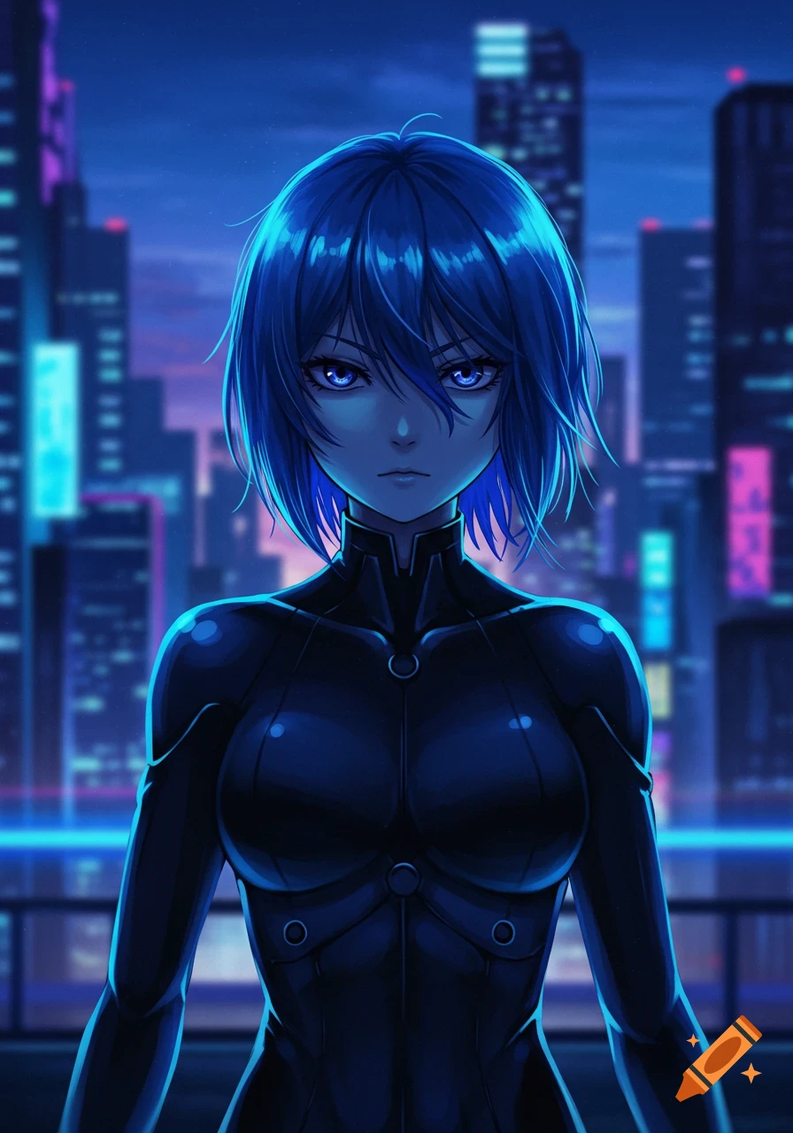 An anime girl with short blue hair and glowing blue eyes in a dark, tight suit stands before a neon-lit cyberpunk city at night.