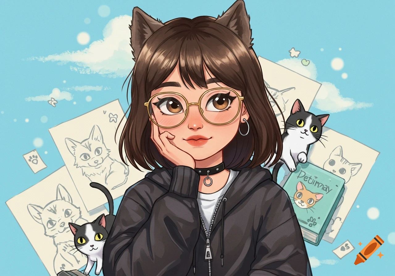 A cartoon Asian girl with cat ears, glasses, and a wolfcut, wearing a black hoodie, surrounded by cat sketches and two black and white cats.