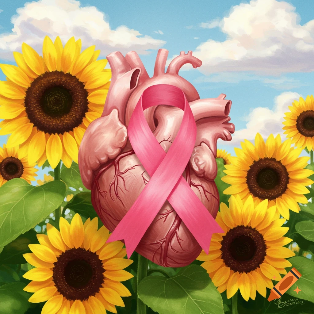 Anatomical heart with a pink cancer ribbon, surrounded by sunflowers under a blue sky.