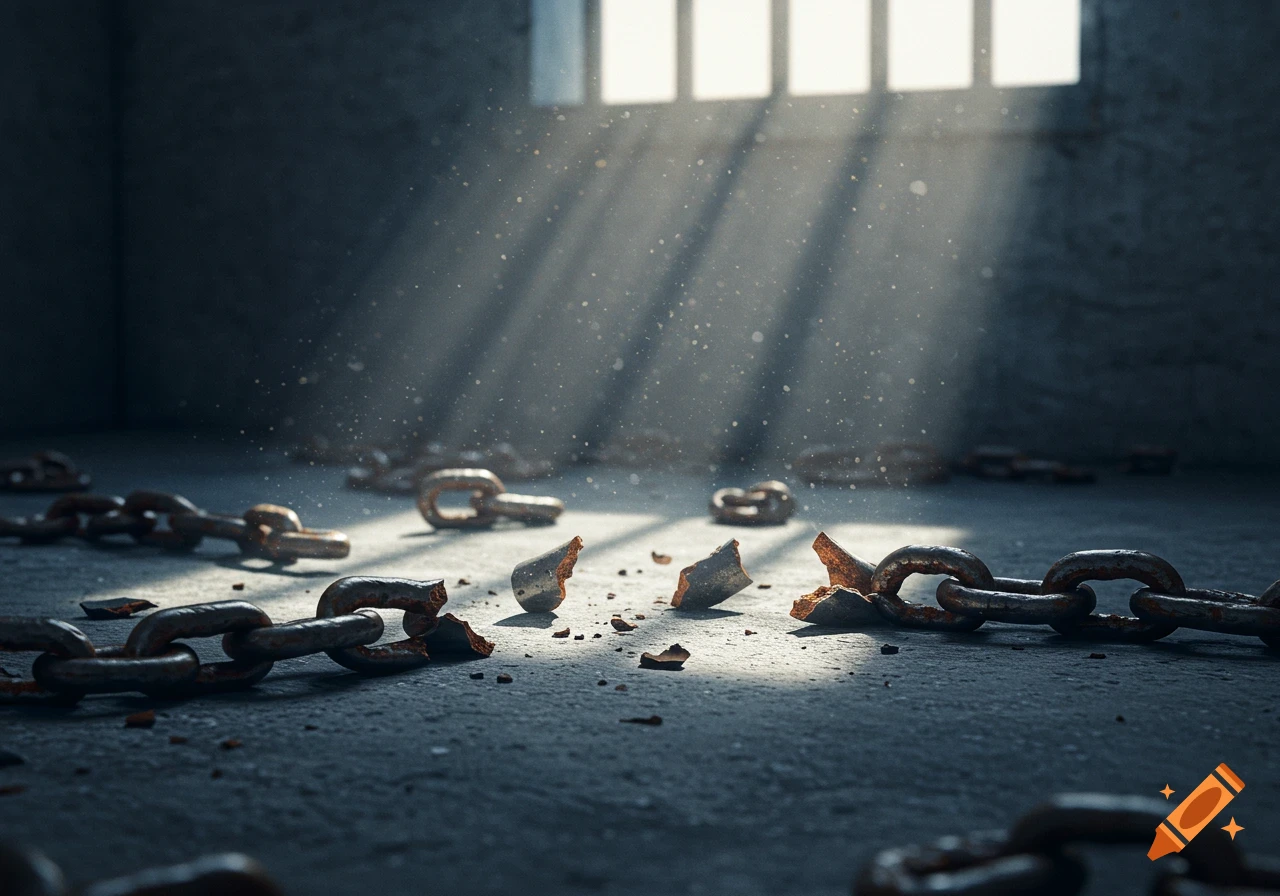 Photorealistic image of broken rusty chains scattered on a concrete floor, lit by rays of light from a barred window.