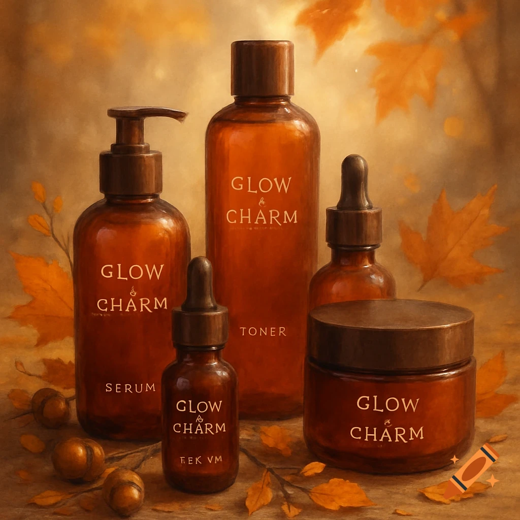 A still life image of various amber glass bottles of skincare products, labeled "Glow & Charm," surrounded by autumn leaves and acorns.