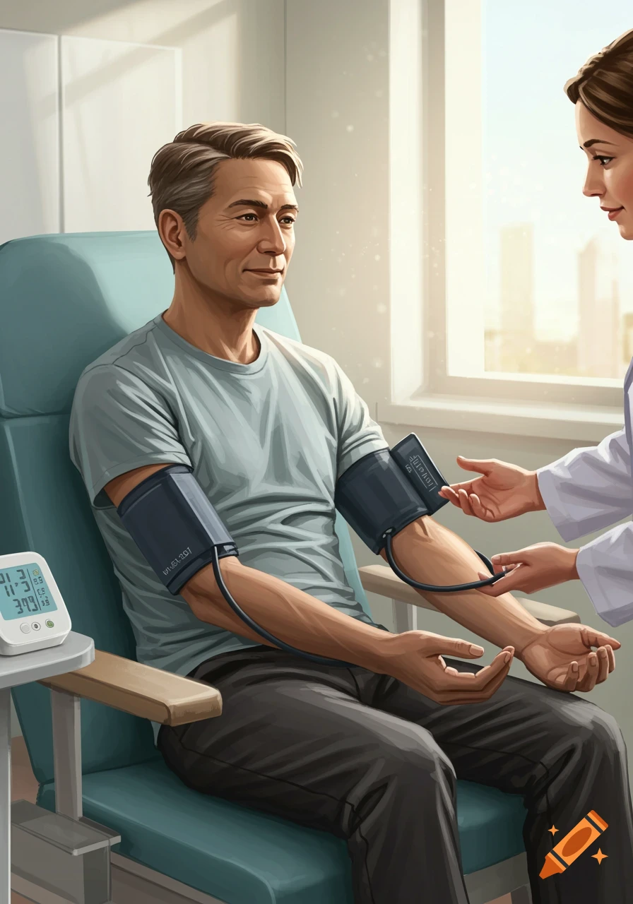 A man in a light blue t-shirt sits in a teal chair, getting his blood pressure taken by a woman in a white lab coat. A medical device is on a table beside him.
