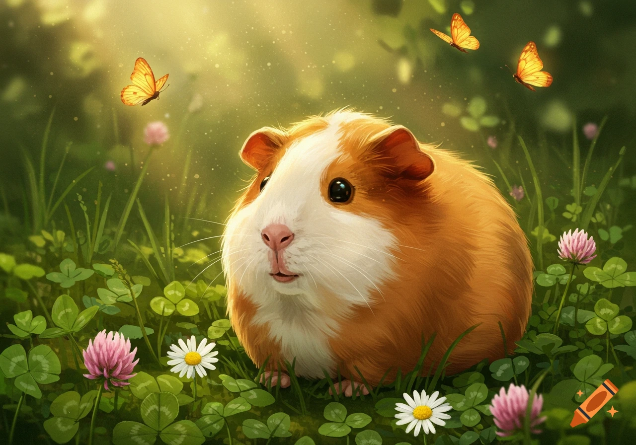 A cute guinea pig with orange and white fur sits in a sunny green field with clovers and flowers, with butterflies fluttering above.