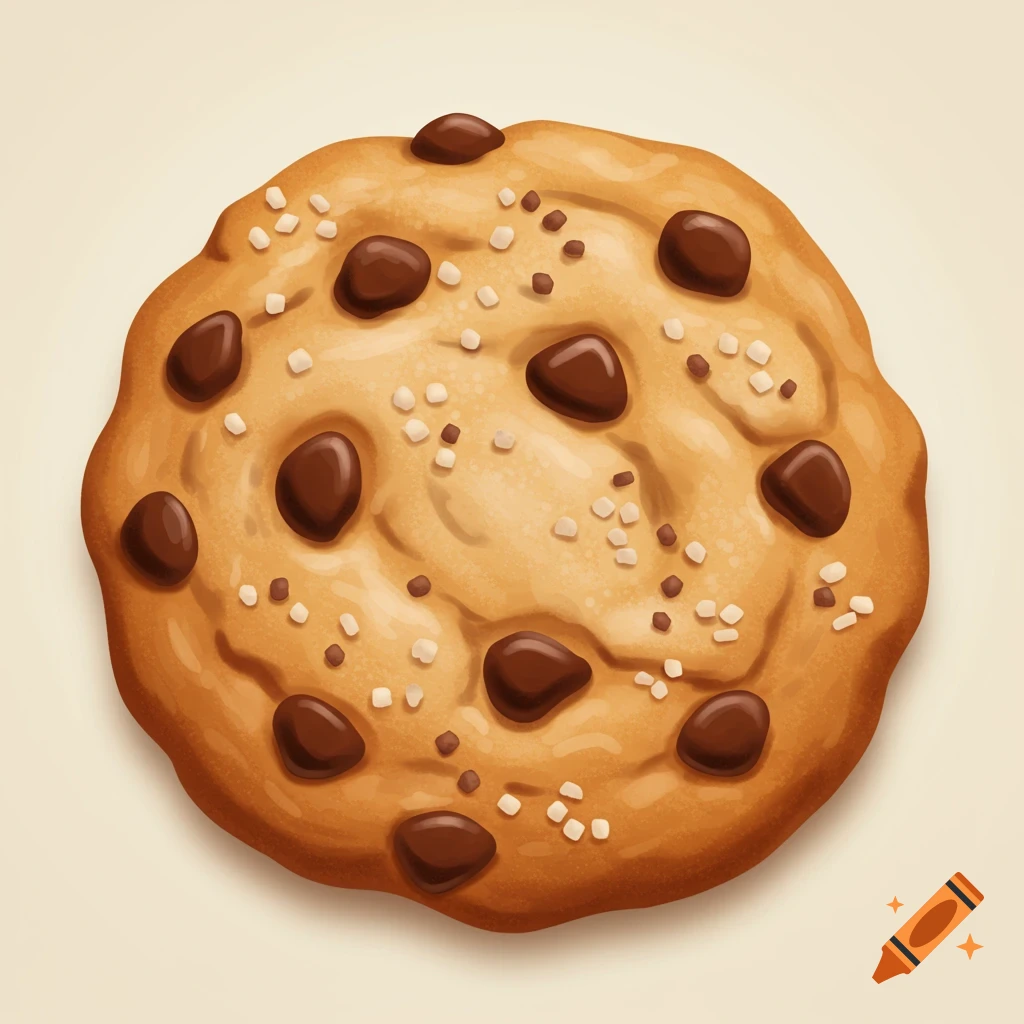 A top-down detailed illustration of a chocolate chip cookie with chocolate chips and salt sprinkles on a plain background.
