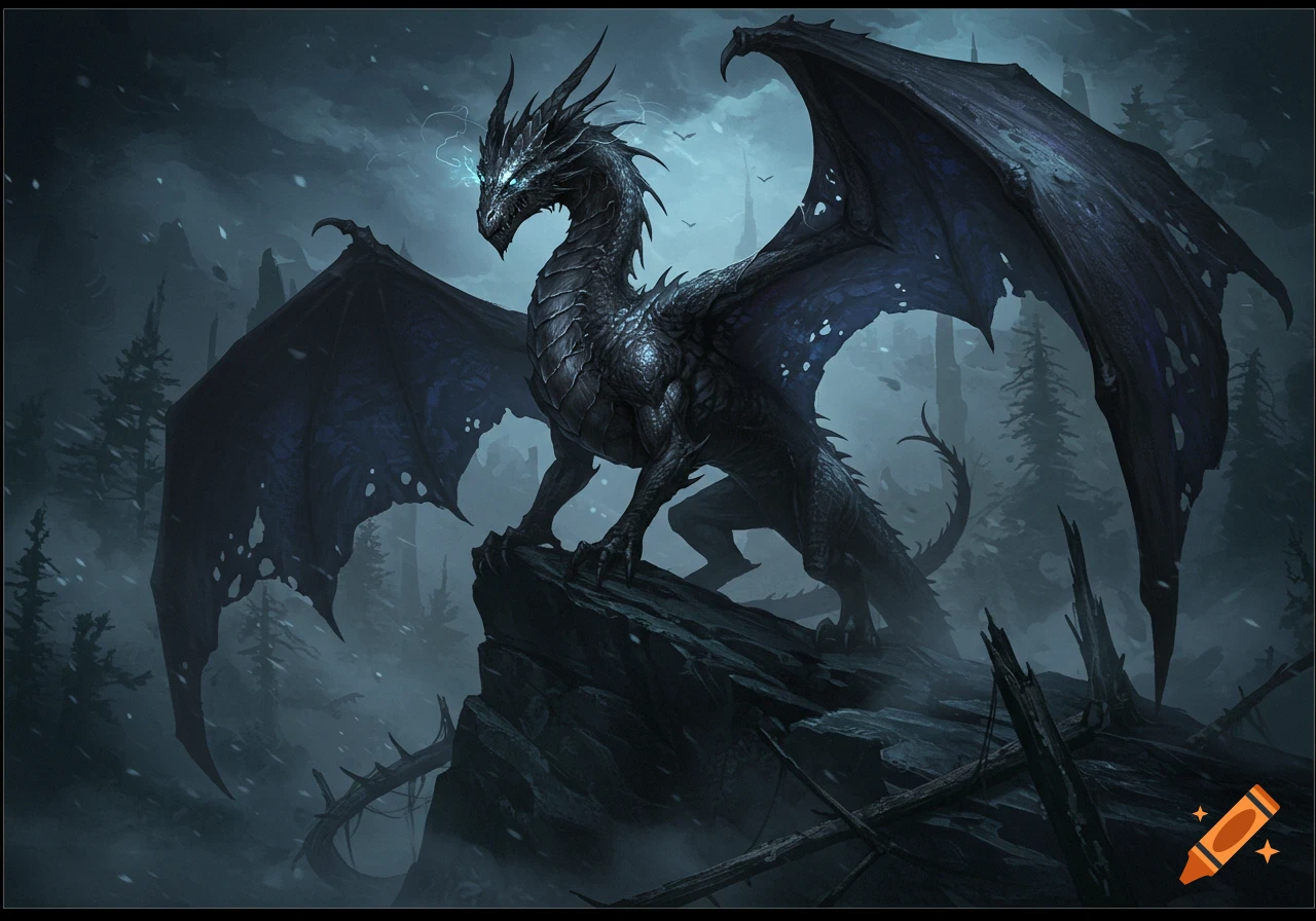 A majestic black dragon with glowing blue eyes perched on a rock in a dark, snowy forest.