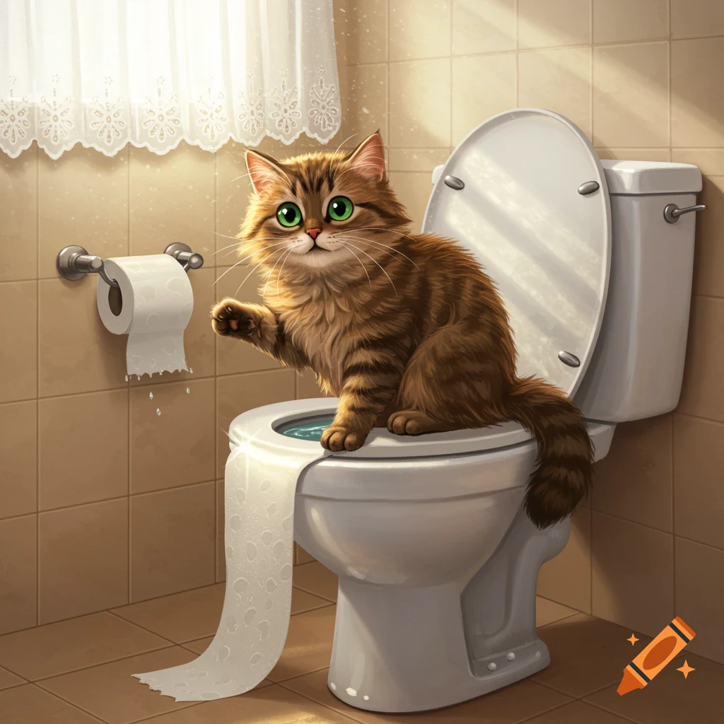 A fluffy brown cat with large green eyes sits on a toilet, pawing at unraveling toilet paper.