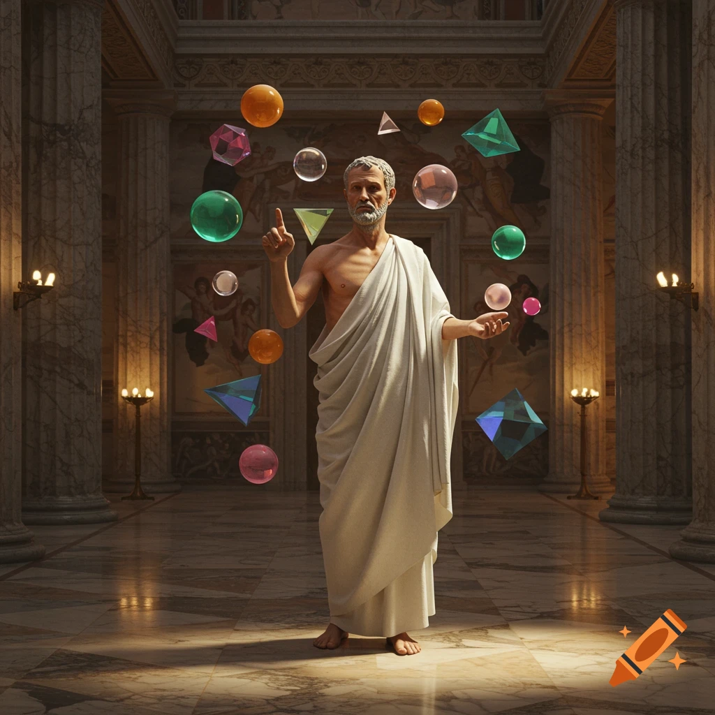 A bearded man in a white toga stands in a classical hall, gesturing towards floating colorful geometric shapes.