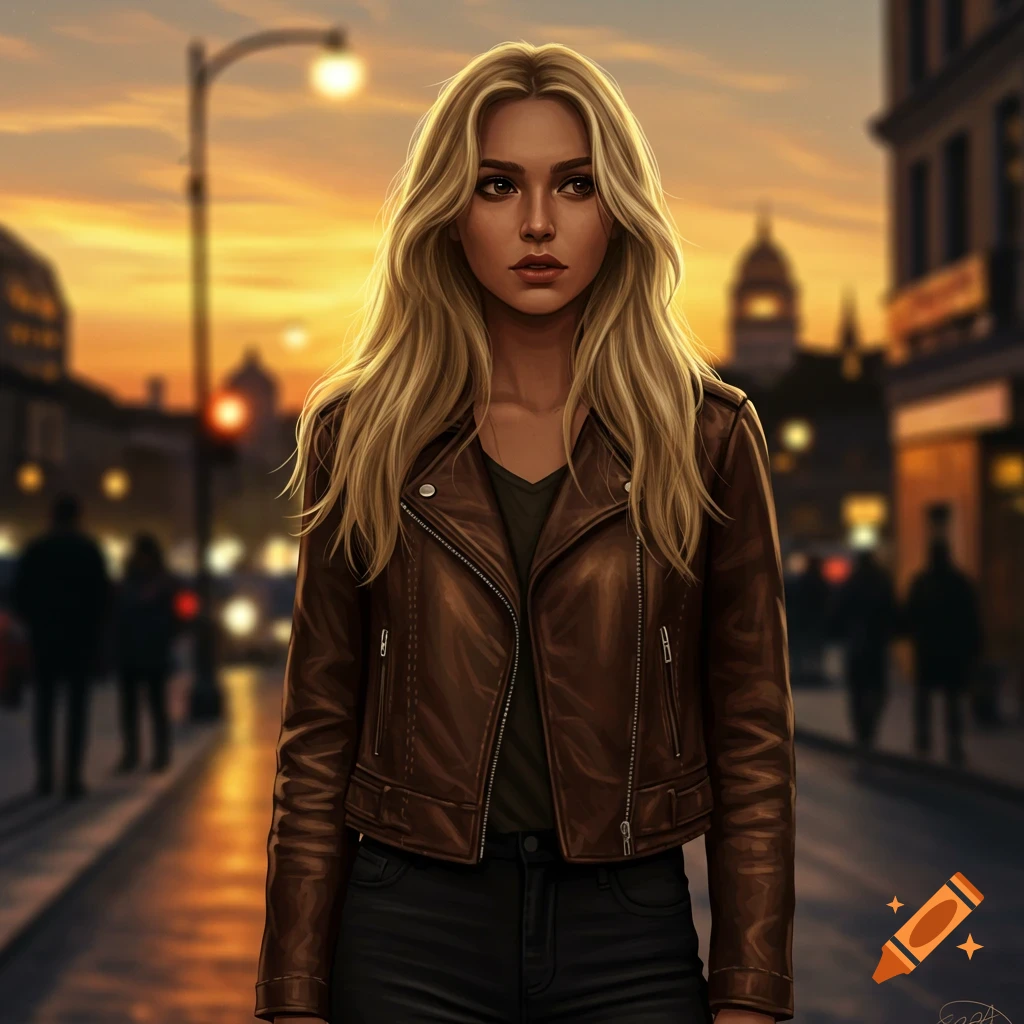 A digital art portrait of a blonde woman in a brown leather jacket and black pants, standing on an urban street at sunset.