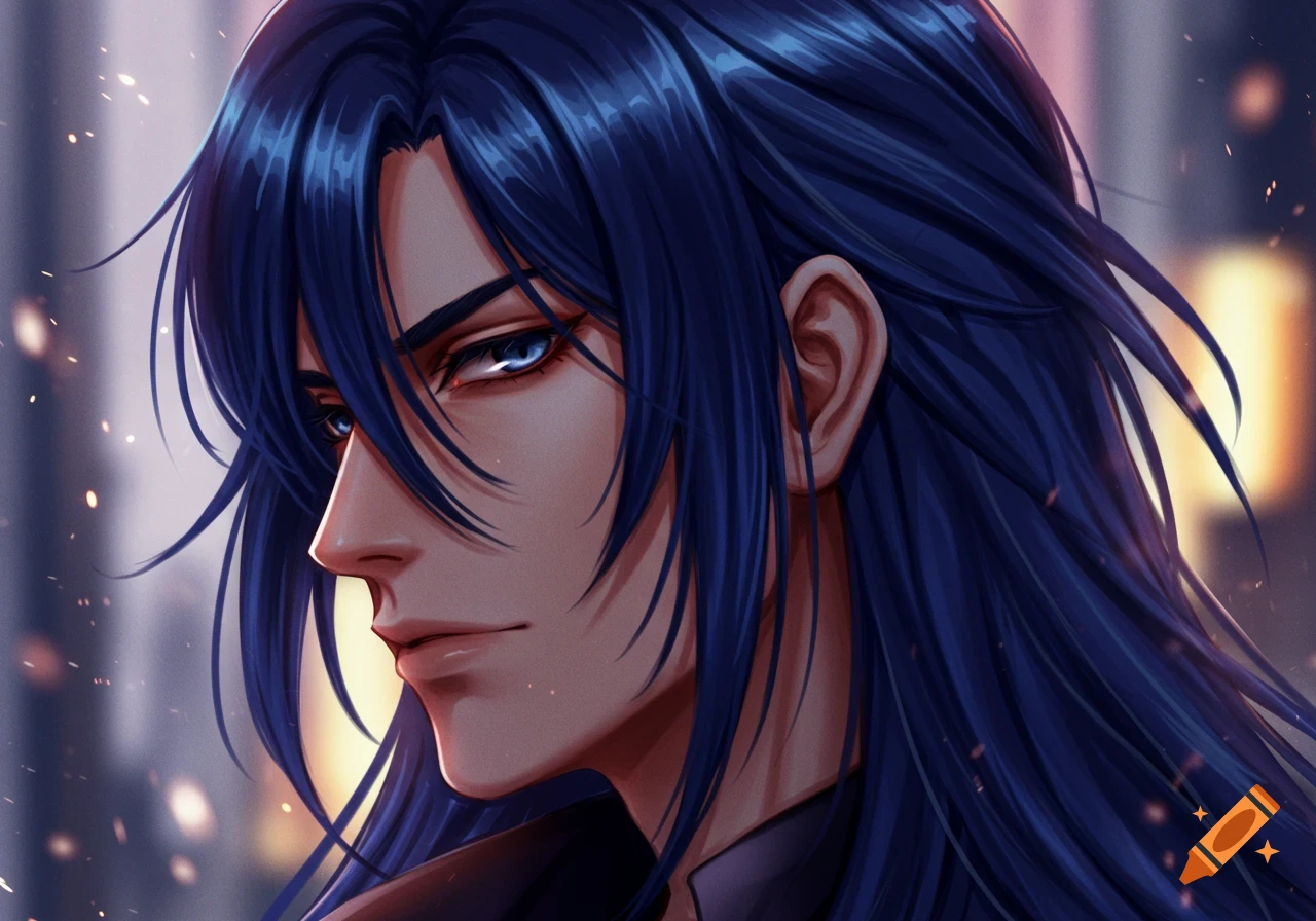 An anime portrait of a handsome man with long dark blue hair and blue eyes, shown in a side profile looking forward.