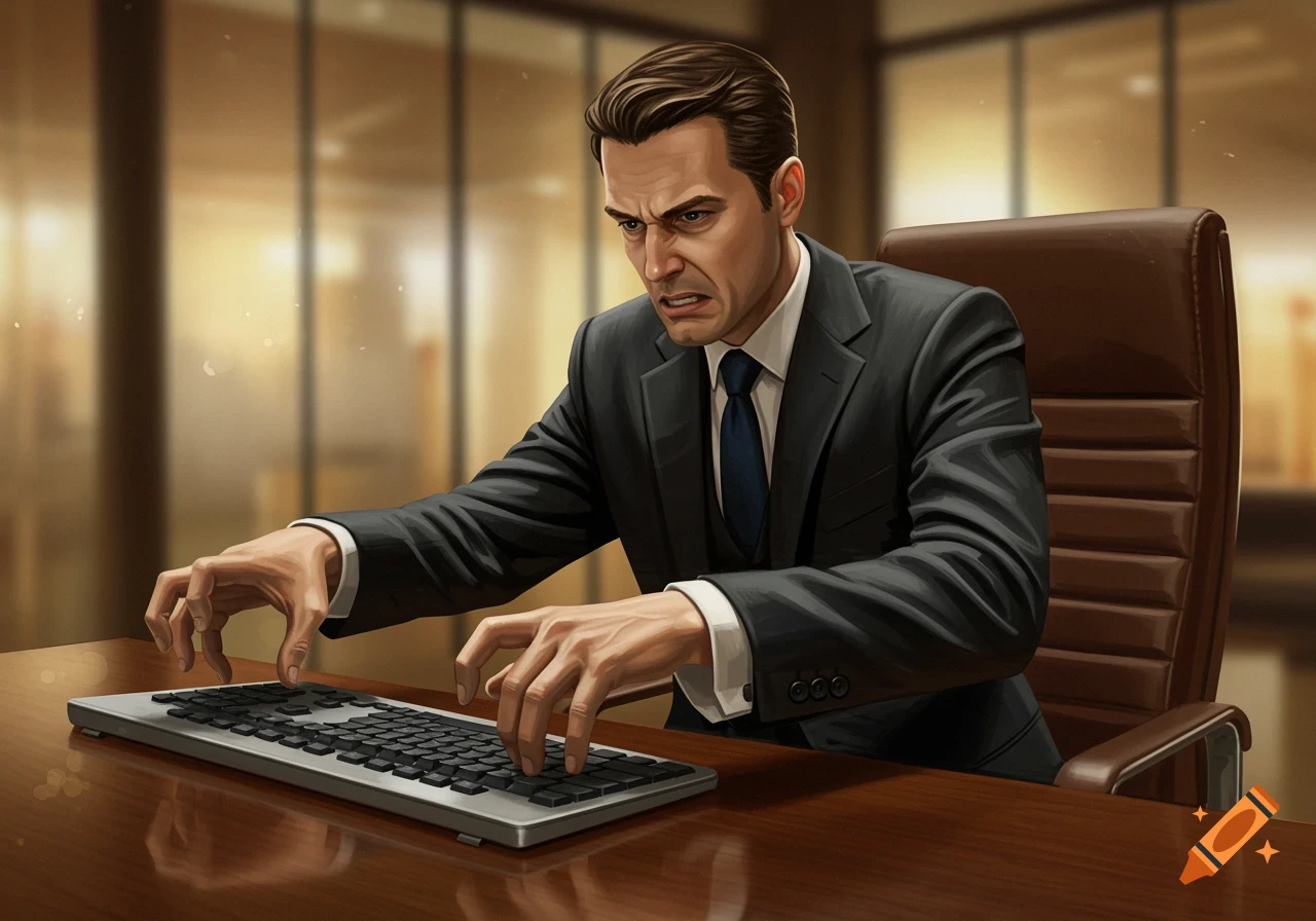 Digital illustration of a man in a suit with a disgusted expression, typing with awkward hand placement at an office desk.