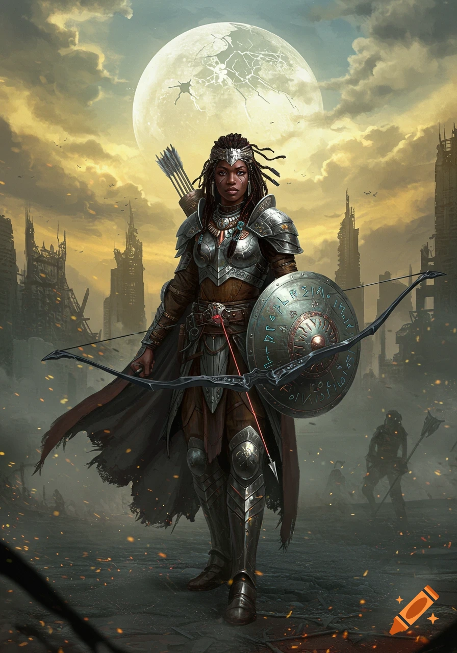 A dark-skinned warrior in detailed silver armor holds a bow and a shield with runes, standing in a desolate city under a large cracked moon.