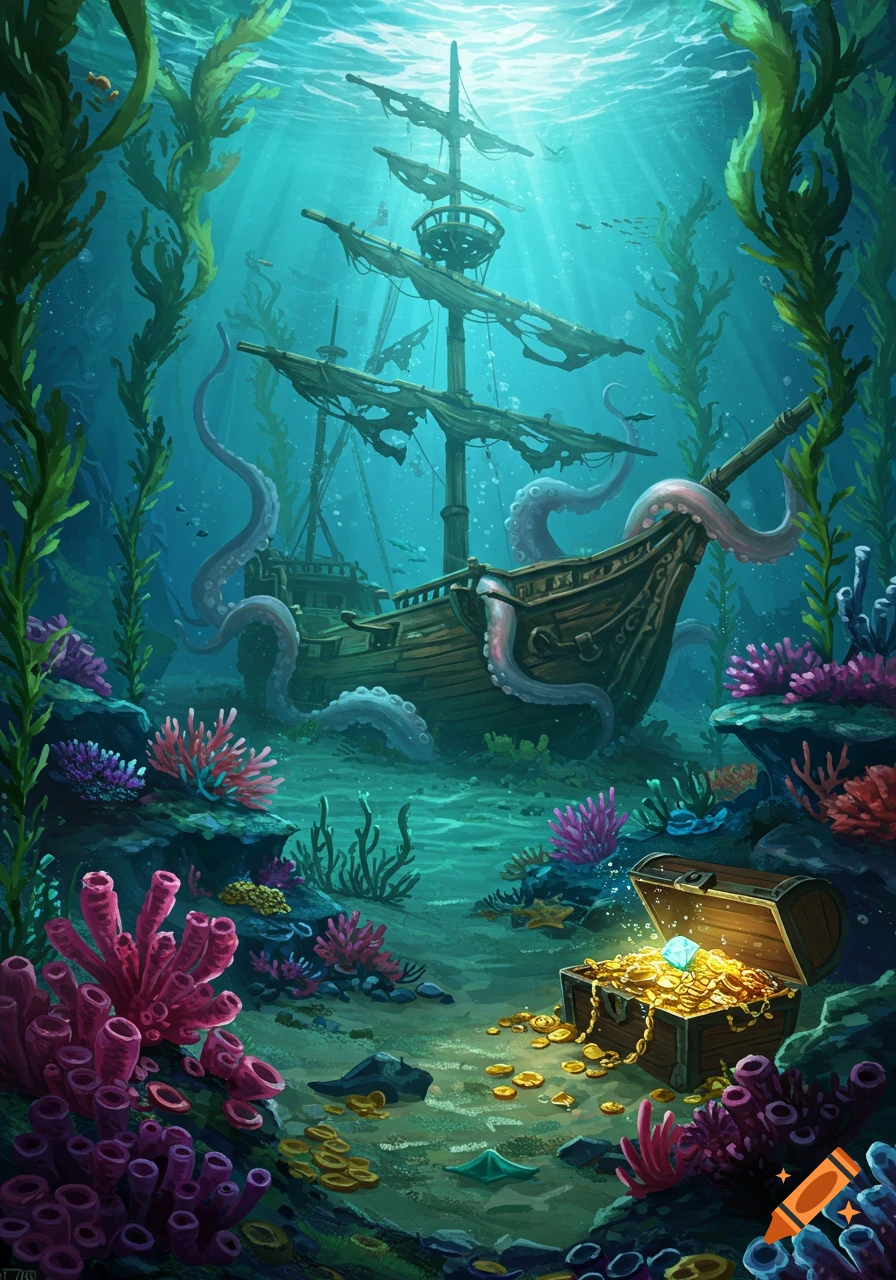 Vibrant illustration of a sunken pirate ship surrounded by kelp and octopus tentacles, with a glowing treasure chest and gold coins.