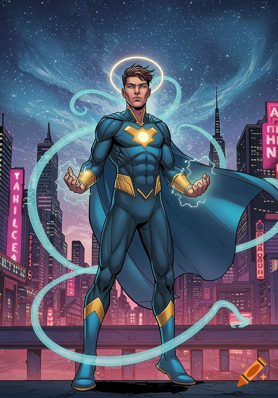 A male superhero in a blue and gold suit with a cape stands in a neon-lit futuristic city at night, glowing with power.