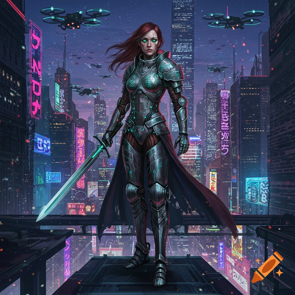 A female knight in reflective, futuristic armor holds a glowing sword on a rooftop, overlooking a vibrant neon-lit cyberpunk city at night with flying drones.