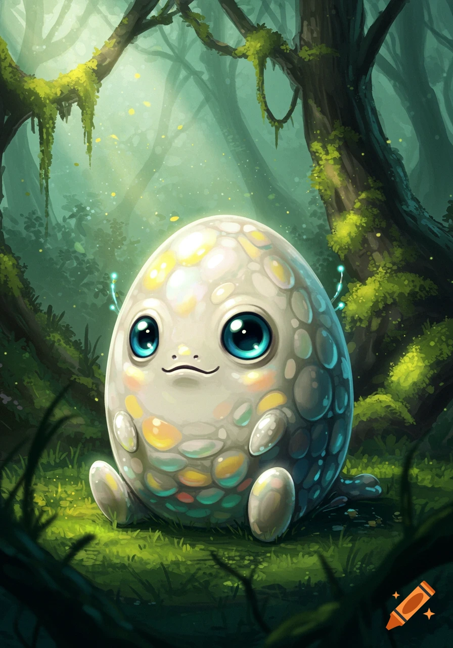 A cute, round, egg-shaped monster with large blue eyes sits in a lush, sun-dappled green forest in a cartoon style.